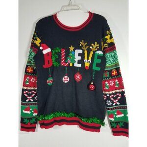 Christmas Ugly Sweater size XXL Believe With Ornament Decor & Festive Patterns